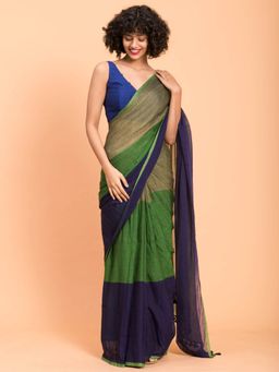 Suta - Blue & Green Colourblocked Mul Cotton Saree without Blouse