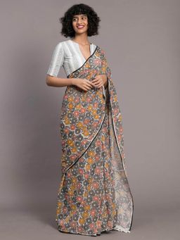 Suta - White Grey Pure Cotton Printed Saree without Blouse