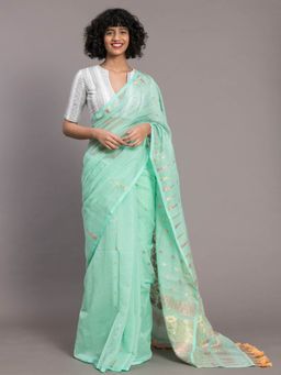 Suta - Turquoise Blue Polyester Cotton Woven Design Jamdani Saree without Blouse
