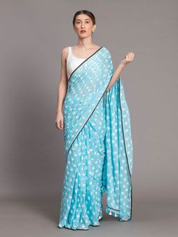Suta - Light Blue & White Printed Pure Cotton Saree without Blouse