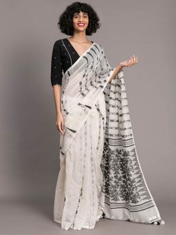 Suta - White Black Polyester Cotton Printed Saree without Blouse