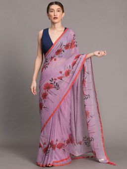 Suta - Voilet & Red Floral Print Mul Cotton Saree without Blouse
