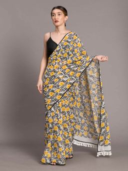 Suta - White & Black Floral Printed Pure Cotton Saree without Blouse