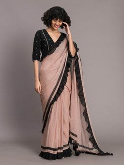 Suta - Beige Solid Pure Cotton Ruffle Saree without Blouse