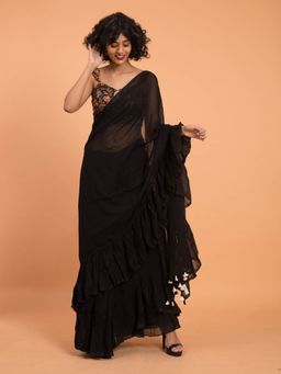 Suta - Black Solid Cotton Ruffle Saree without Blouse