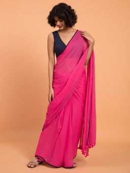 Suta - Pink Solid Pure Cotton Saree With Black Frills and Without Blouse