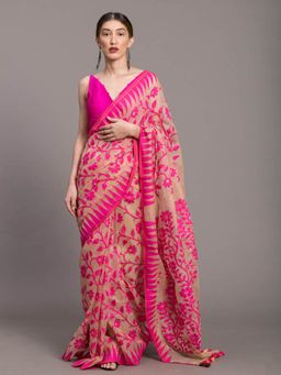 Suta - Beige Pink Polyester Cotton Printed Saree without Blouse