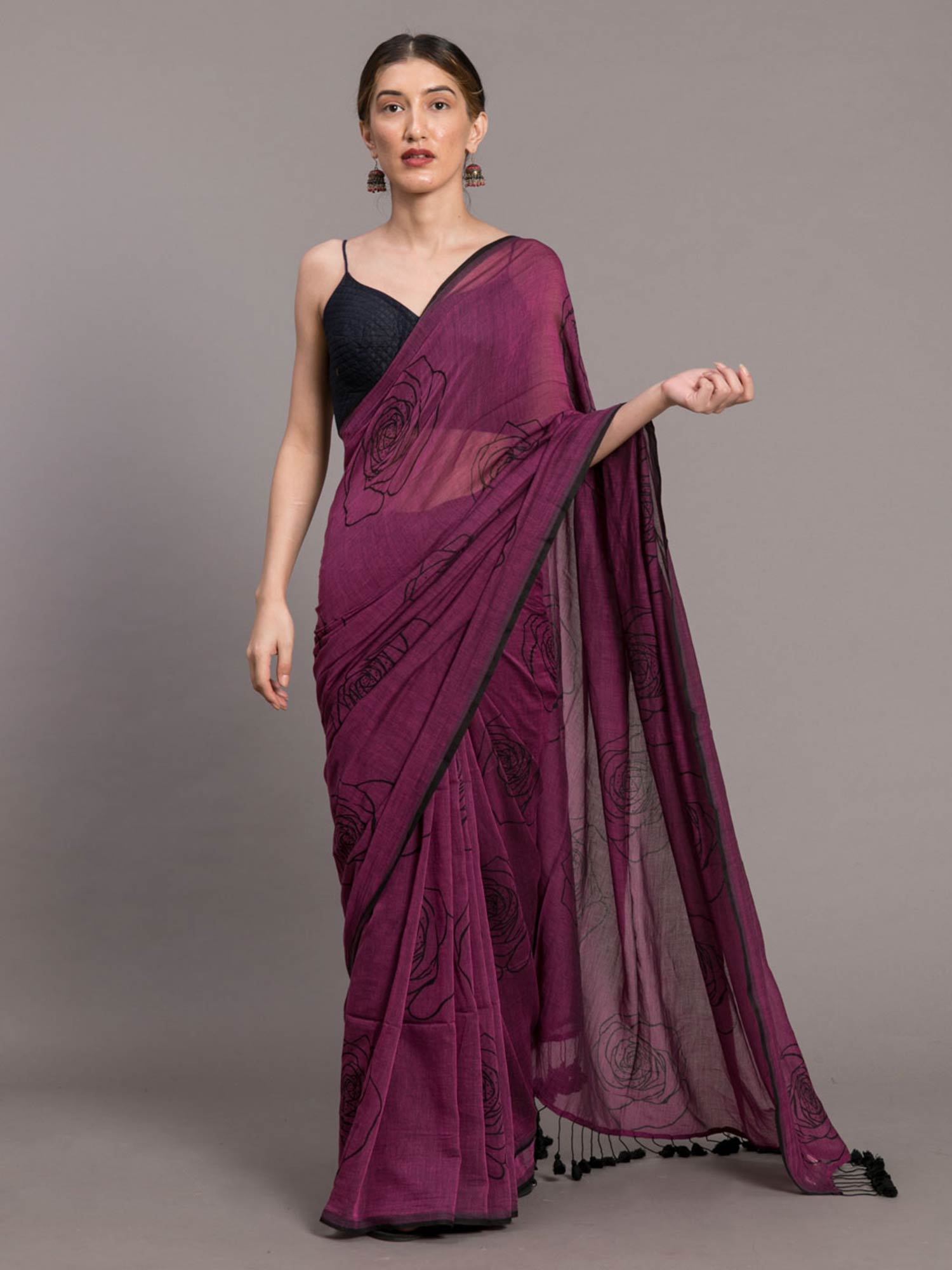suta Purple Printed Mul Cotton Saree without Blouse-picture-12