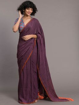 Suta - Purple Solid Cotton Viscose Blend Saree With Tasseled Pallu and Without Blouse