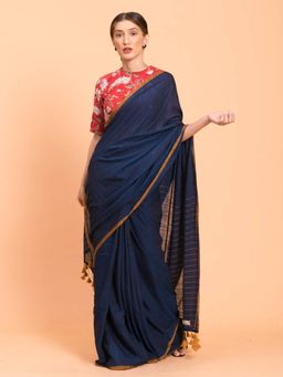 Suta - Navy Blue Solid Mul Viscose Saree With Striped Pallu and Without Blouse