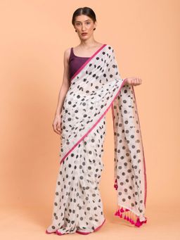 Suta - White & Black Polka Dots Printed Pure Cotton Saree without Blouse
