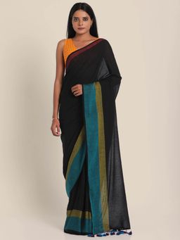 Suta - Black Pure Cotton Handloom Saree With Multicolor Border and Without Blouse