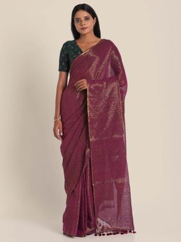 Suta - Purple Handloom Cotton With Zari Saree Without Blouse
