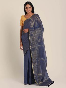 Suta - Blue Handloom Cotton With Zari Saree Without Blouse