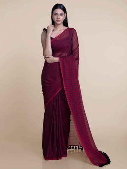 Suta - Red Leaves Handblock Printed Pure Cotton Saree without Blouse