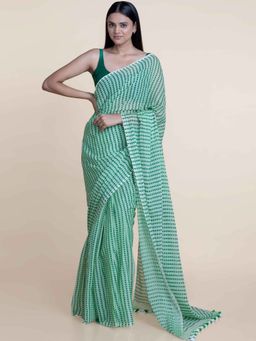 Suta - Green Leaves Handblock Printed Pure Cotton Saree without Blouse