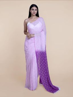Suta - White And Purple Handloom Bandhani Saree without Blouse