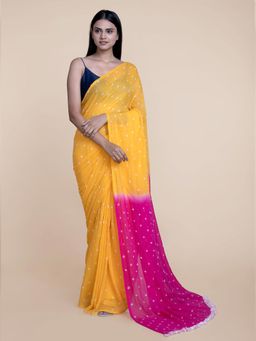 Suta - Pink And Yellow Handloom Bandhani Saree without Blouse