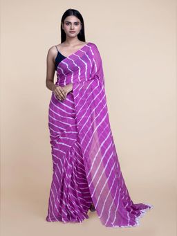 Suta - White And Purple Handloom Laheriya Saree without Blouse