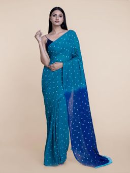 Suta - Blue And Teal Handloom Bandhani Saree without Blouse