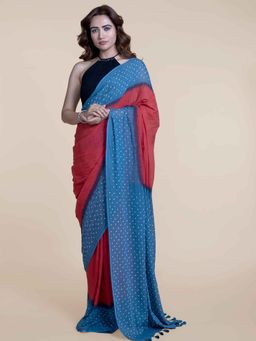 Suta - Red And Teal Handcrafted Bandhani Saree without Blouse
