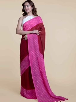 Suta - Maroon And Pink Handcrafted Bandhani Saree without Blouse