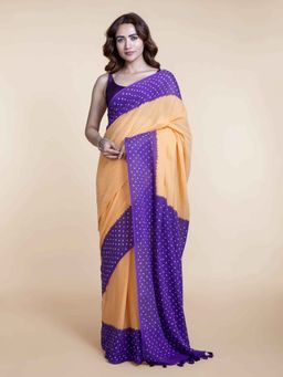 Suta - Mustard And Purple Handcrafted Bandhani Saree without Blouse