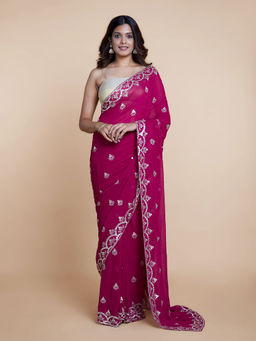 Suta - Pink Georgette Viscose Foil Mirror Embroidered Saree without Blouse