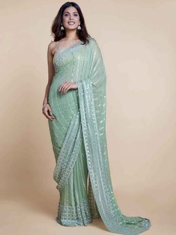 Suta - Pistachio Green Georgette Viscose Foil Mirror Embroidered Saree without Blouse