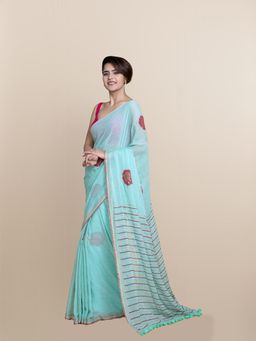 Suta - Mint Green Foil Block Printed Mul Cotton Saree without Blouse