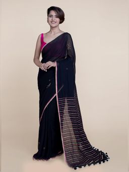 Suta - Black Foil Block Printed Mul Cotton Saree without Blouse