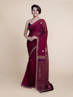 Suta - Maroon Foil Block Printed Mul Cotton Saree without Blouse