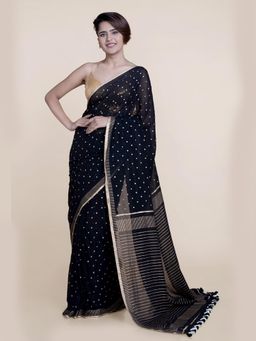 Suta - Black Foil Block Printed Mul Cotton Saree without Blouse