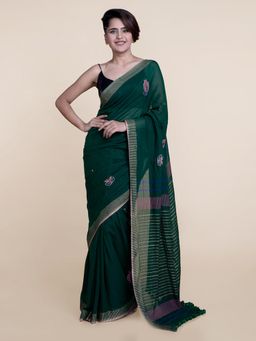 Suta - Green Foil Block Printed Mul Cotton Saree without Blouse