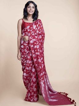 Suta - Red Handloom Linen Zari Saree without Blouse