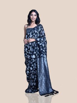 Suta - Black Handloom Linen Zari Saree without Blouse