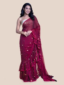 Suta - Maroon Mul Ruffle Handcrafted Chumki Saree without Blouse