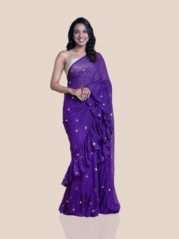 Suta - Raw Ink Mul Handcrafted Ruffle Chumki Saree without Blouse