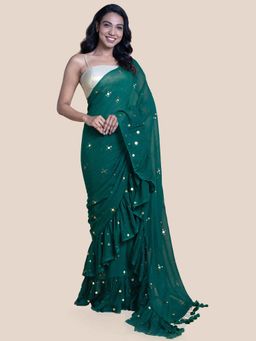 Suta - Dark Green Mul Handcrafted Ruffle Chumki Saree without Blouse