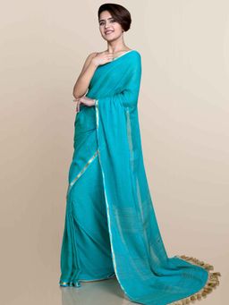 Suta - Sea Green Mul Cotton With Zari Border And Ghicha Pallu