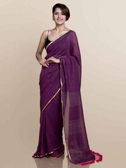 Suta - Purple Mul Cotton With Zari Border And Ghicha Pallu