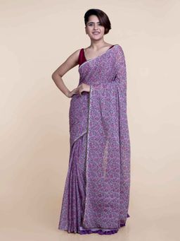 Suta - Lavender Hand Block Printed Cotton Saree without Blouse