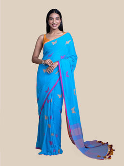Suta - Blue Animal Motif Handloom Cotton Saree without Blouse