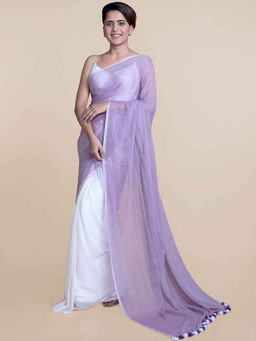 Suta - Lavender and White Mul Cotton Saree without Blouse