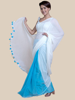 Suta - White and Sky Blue Pure Cotton Saree without Blouse