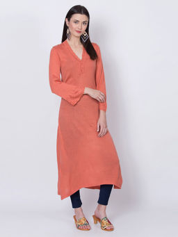 Biba - Peach Solid Woollen Long Kurta