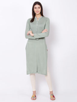 Biba - Green Solid Woollen Long Kurta
