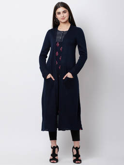 Biba - Navy Blue Solid Woollen Front Open Shrug