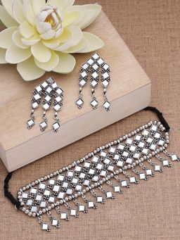 Fida - Silver Traditional Mirror Work Necklace & Earrings Jewellery Gift Set For Women (Set of 2)