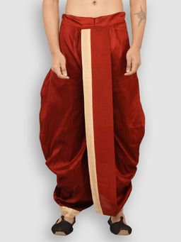Sanwara - Men's Traditional Red Coloured Plain Art Silk Dhoti